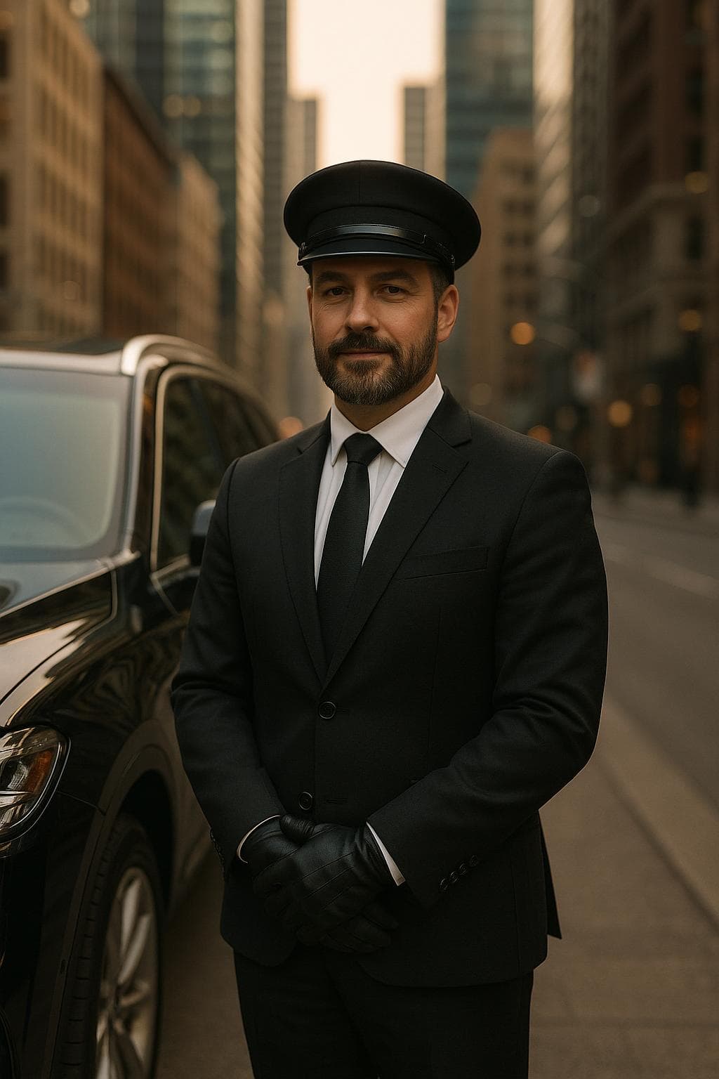 A professional RAO chauffeur beside a luxury vehicle in Toronto